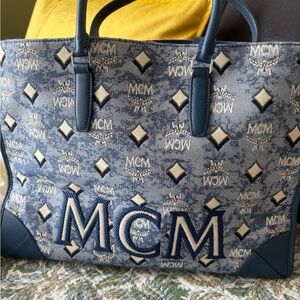 MCM Blue Jacquard Logo Tote with Navy Trim